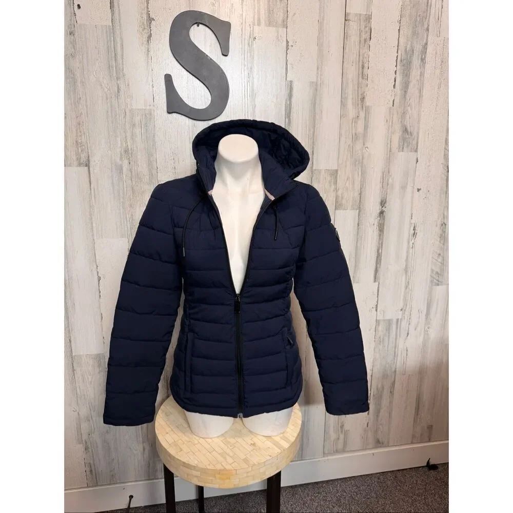 Nautica Puffer Jacket Womens SMALL Navy Hooded Lightweight Packable Coat